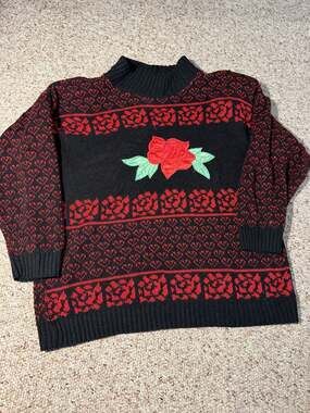 Vintage Adele Knitwear Black Red Heart Rose‎ Applique Mock Neck Sweater Size L
